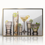Art deco poster of assorted fruits and beverages in bold black outlines and gold accents on acrylic.