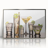 Large art print of a mid-century modernist food and drinks theme in silver frame, suitable for modern kitchen decor.