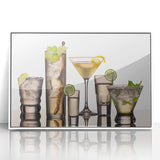 Mid-century modernist art depicting food and drinks in muted colors on a framed acrylic, ideal for nursery wall art.