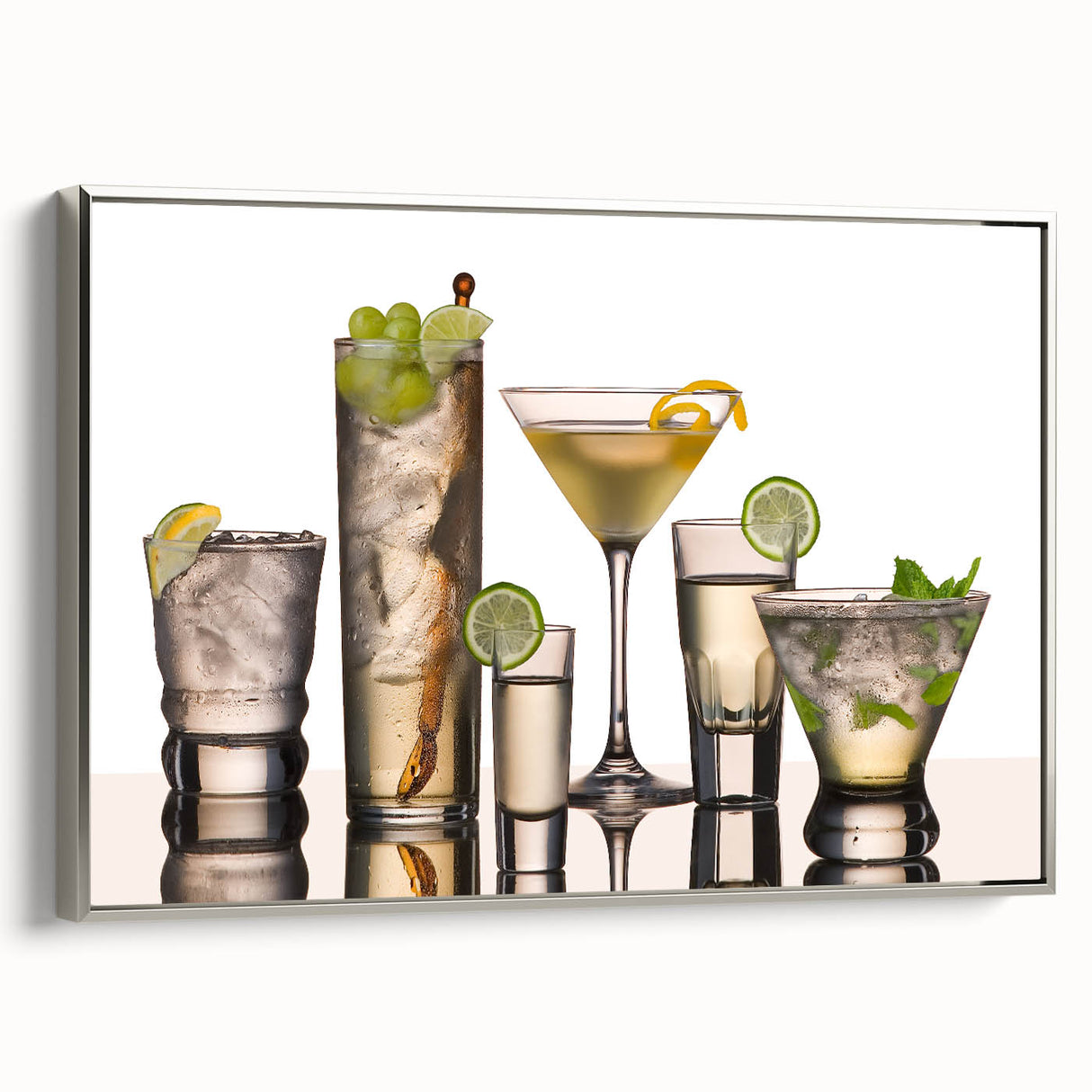 Landscape art painting of a colorful vintage food and drink poster on a black framed canvas, ideal for dining room decor.