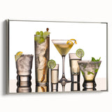 Landscape art painting of a colorful vintage food and drink poster on a black framed canvas, ideal for dining room decor.