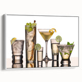 Vintage poster art of colorful food and drinks on extra large framed canvas, ideal for living room ambiance.