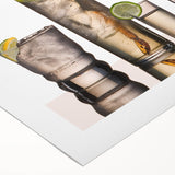 Art deco poster of assorted cocktails in vibrant colors on rolled canvas, suitable for dining room or bathroom wall art.