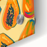 Close-up of large abstract wall art featuring assorted fruits in vibrant colors on acrylic glass.