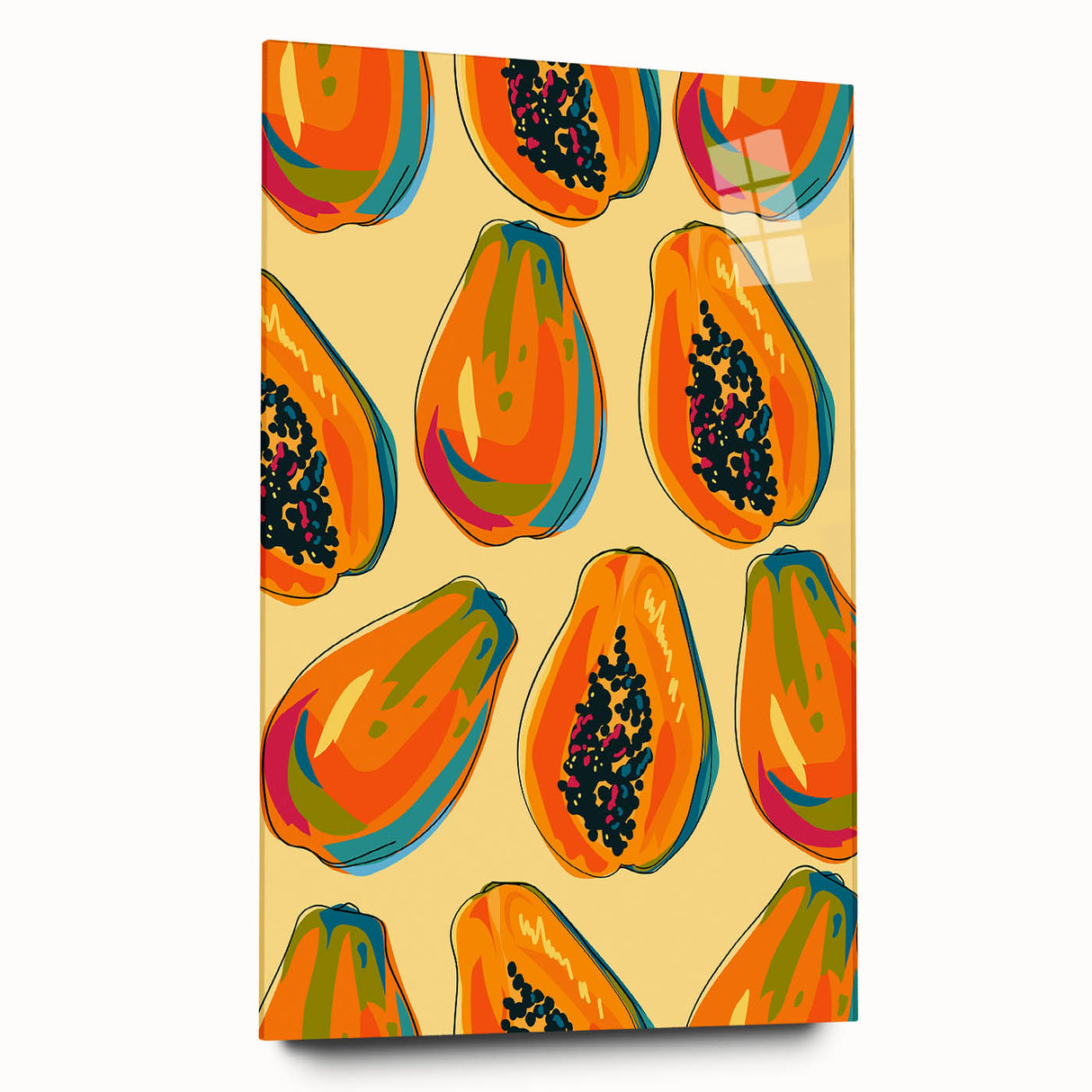 Large abstract wall art featuring assorted fruits in vibrant colors on acrylic glass, ideal for dining room decor.