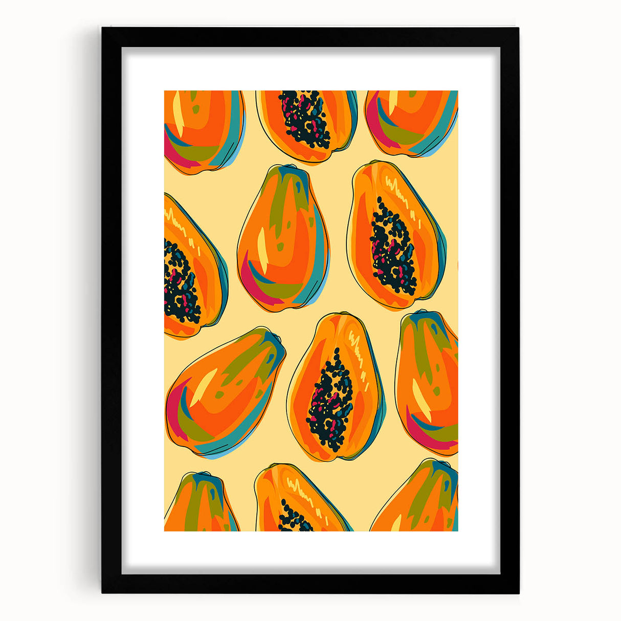 Extra large abstract art print featuring vibrant, textured depiction of fruits on a black framed canvas.