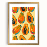 Extra large abstract art print featuring textured fruits in vibrant colors, framed in gold, ideal for living room decor.