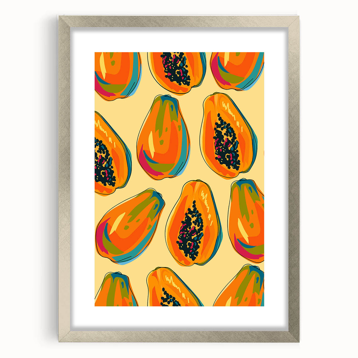 Textured abstract art print featuring assorted fruits in muted earth tones on a framed canvas, ideal for bedroom decor.
