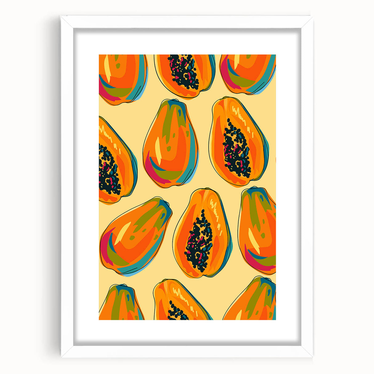 Abstract art print of assorted fruits in vibrant colors on a white framed mat, ideal for dining room decor.