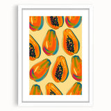 Abstract art print of assorted fruits in vibrant colors on a white framed mat, ideal for dining room decor.