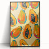 Large abstract wall art featuring assorted fruits in vibrant colors on a black acrylic framed print.