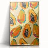 Large art print featuring assorted fruits in bold colors, framed in gold acrylic, in a mid-century modernist style.