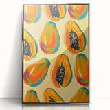 Mid-century modernist art featuring an array of fruits in vibrant colors on a silver-framed acrylic print.