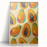 Art deco poster featuring an array of fruits in bold colors on a white acrylic frame, ideal for modern kitchen decor.