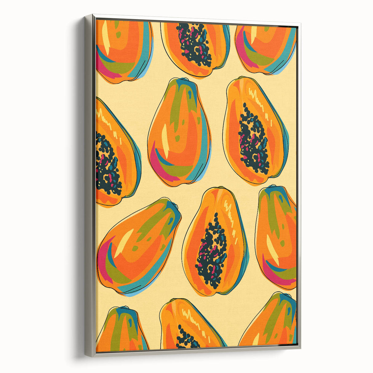 Landscape art painting of colorful fruits on black background, framed in silver, ideal for kitchen wall decor.