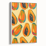 Vintage poster art of colorful fruits on white framed canvas, ideal for living room decor.