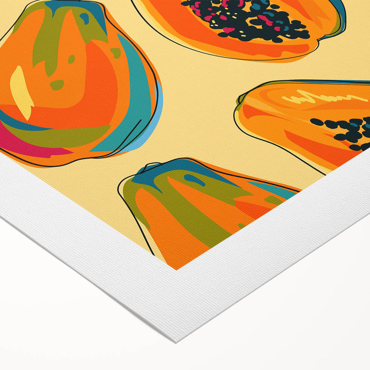 Art deco poster featuring assorted fruits in vibrant colors on rolled canvas, suitable for dining room decor.