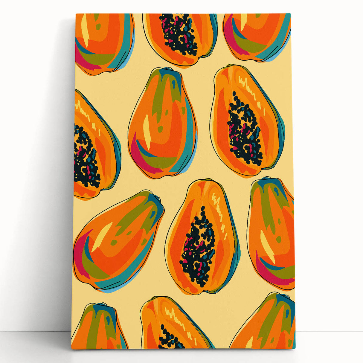 Large black and white canvas print of assorted fruits, ideal for kitchen wall art.