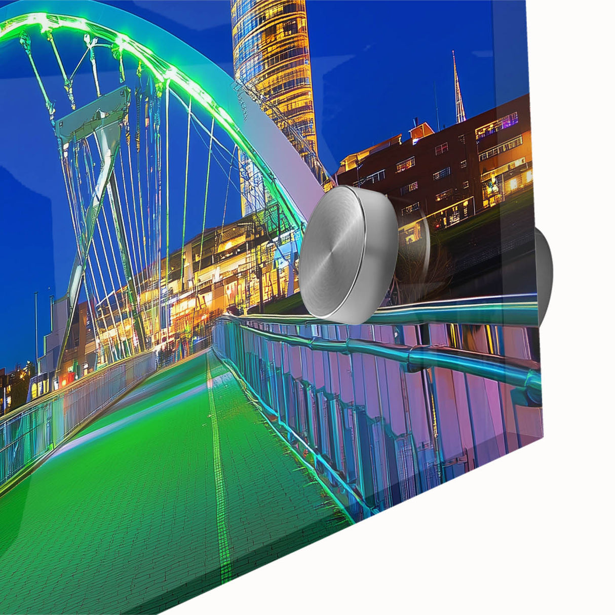 Close-up view of a landscape bridge design on clear acrylic glass, showcasing vibrant colors and intricate details, ideal for modern home decor.