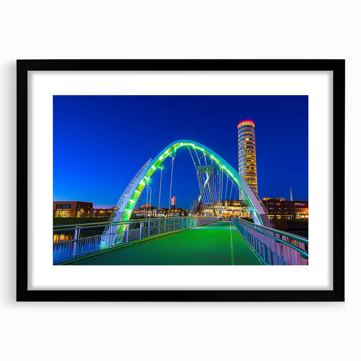 Black landscape bridge frame with a mat, showcasing a sleek front view, ideal for enhancing art displays or photographs. Perfect for modern home decor.