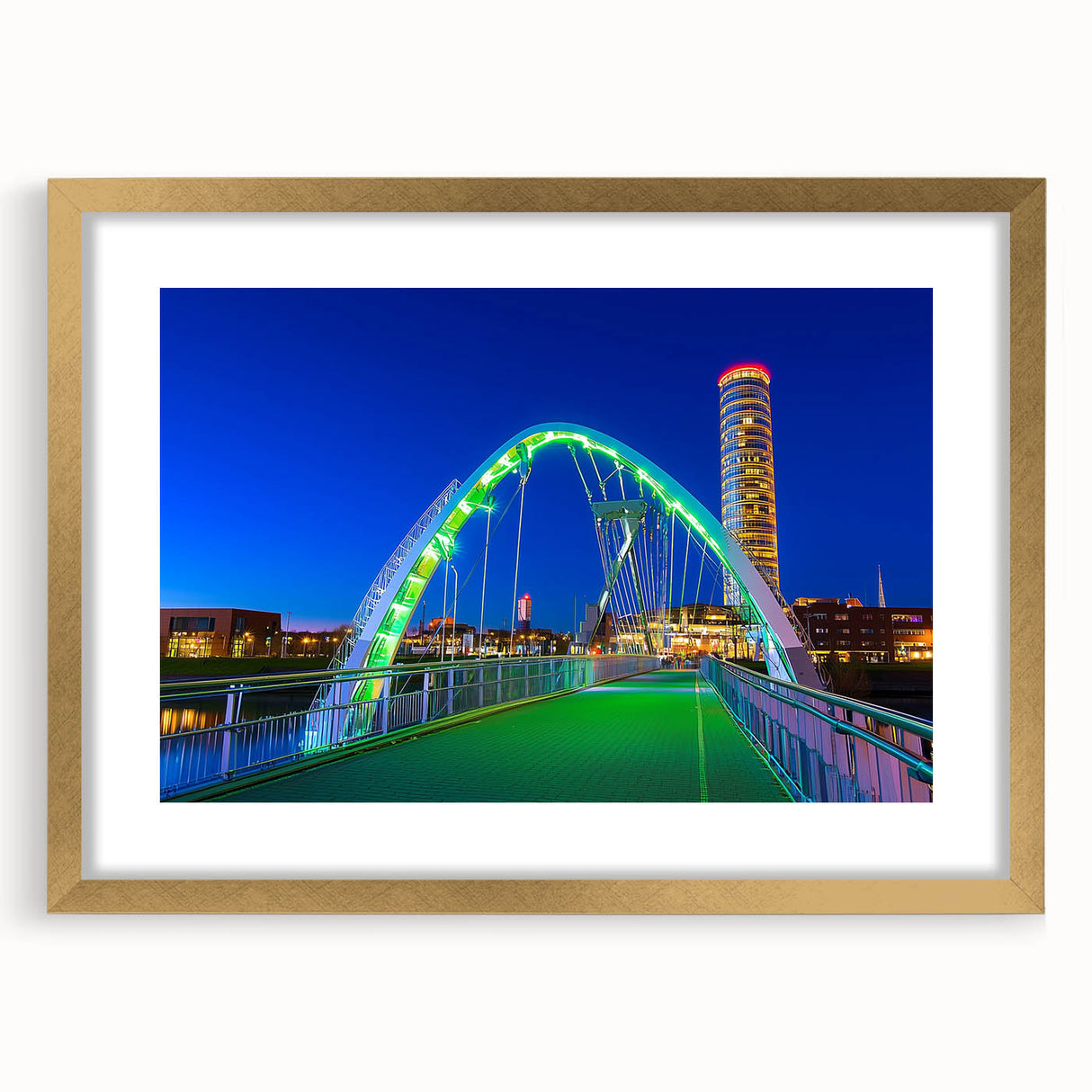 Elegant gold landscape bridge frame with a mat, showcasing intricate design details and a sophisticated front view, perfect for enhancing home decor. Ideal for art enthusiasts seeking premium framing options.