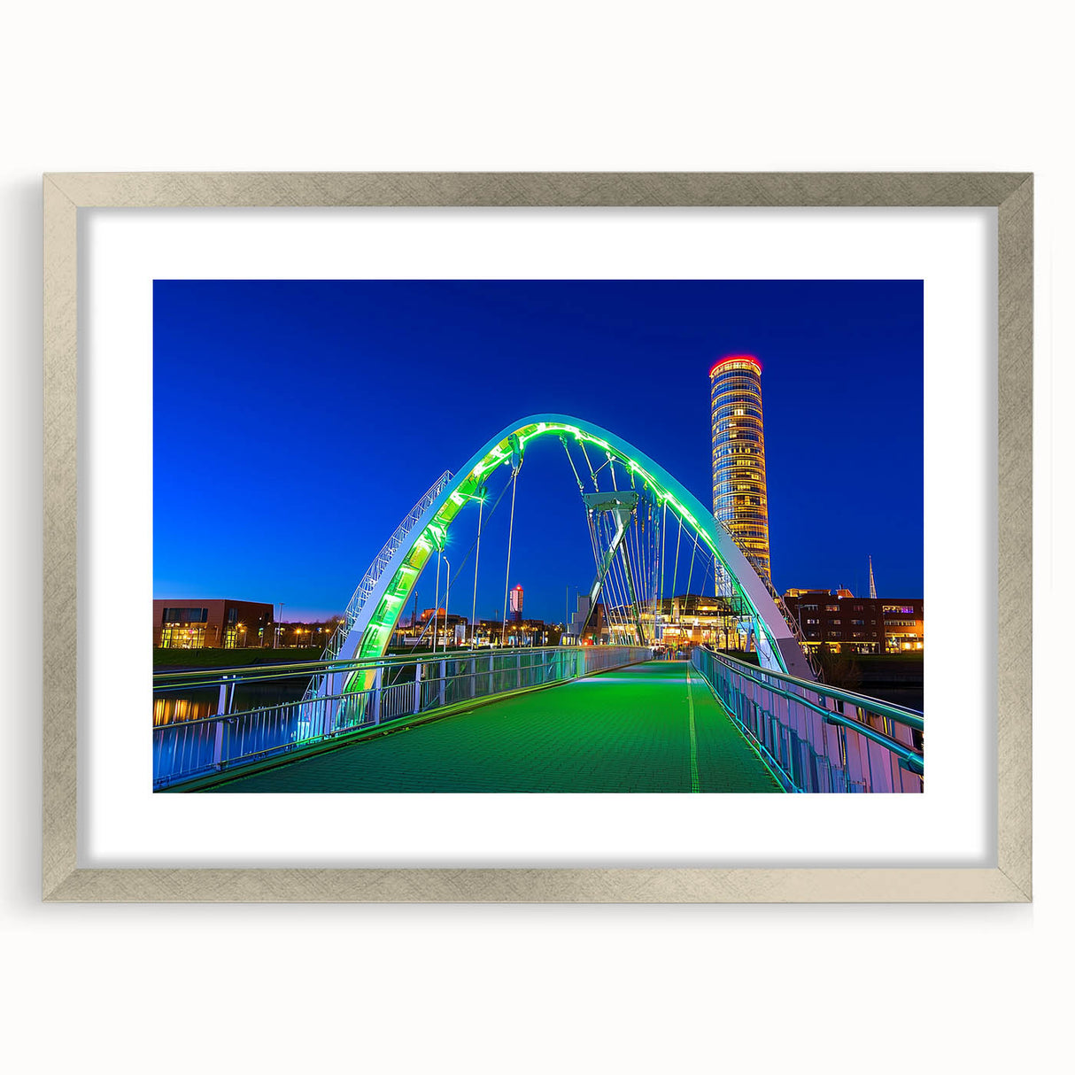 Silver landscape bridge frame with mat, showcasing a modern design ideal for home décor. The frame features a sleek, polished finish that enhances artwork presentation.