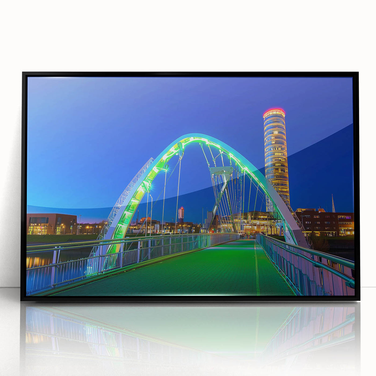 Framed acrylic artwork of a serene landscape bridge, showcasing vibrant colors and intricate details. Ideal for modern home decor, enhancing any living space.