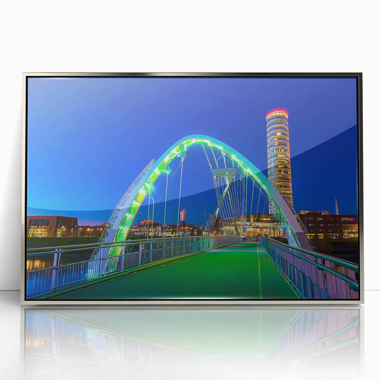 Framed acrylic artwork showcasing a serene landscape bridge scene, featuring vibrant colors and intricate details, ideal for modern home decor.