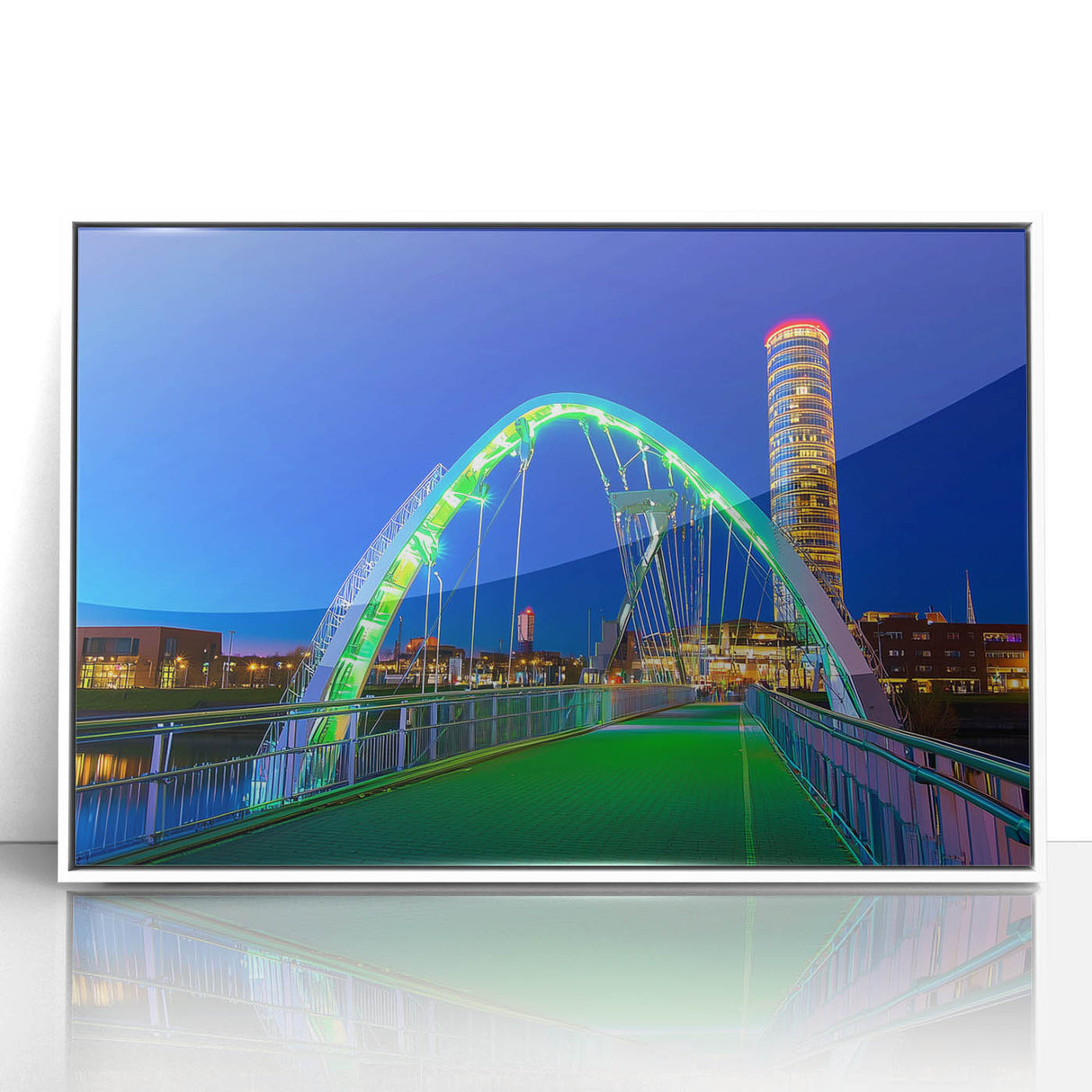 Framed acrylic artwork depicting a serene landscape bridge scene with vibrant colors, set against a white background, ideal for modern home decor.