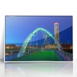 Framed acrylic artwork depicting a serene landscape bridge scene with vibrant colors, set against a white background, ideal for modern home decor.