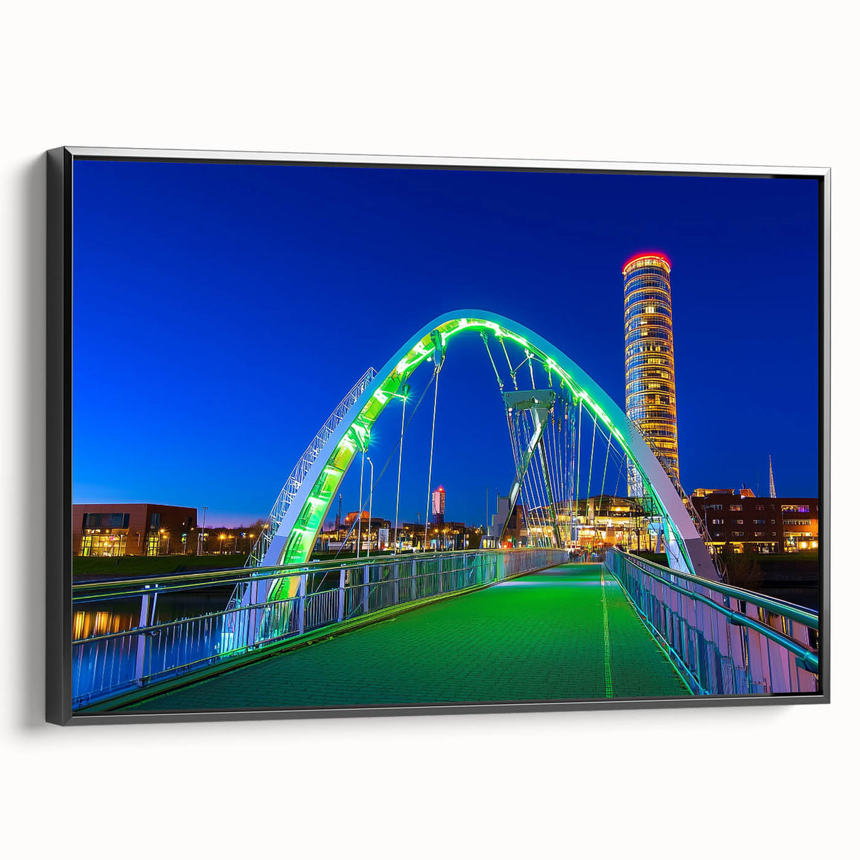Framed canvas artwork depicting a serene landscape bridge in black, showcasing intricate details and textures, perfect for enhancing home decor.