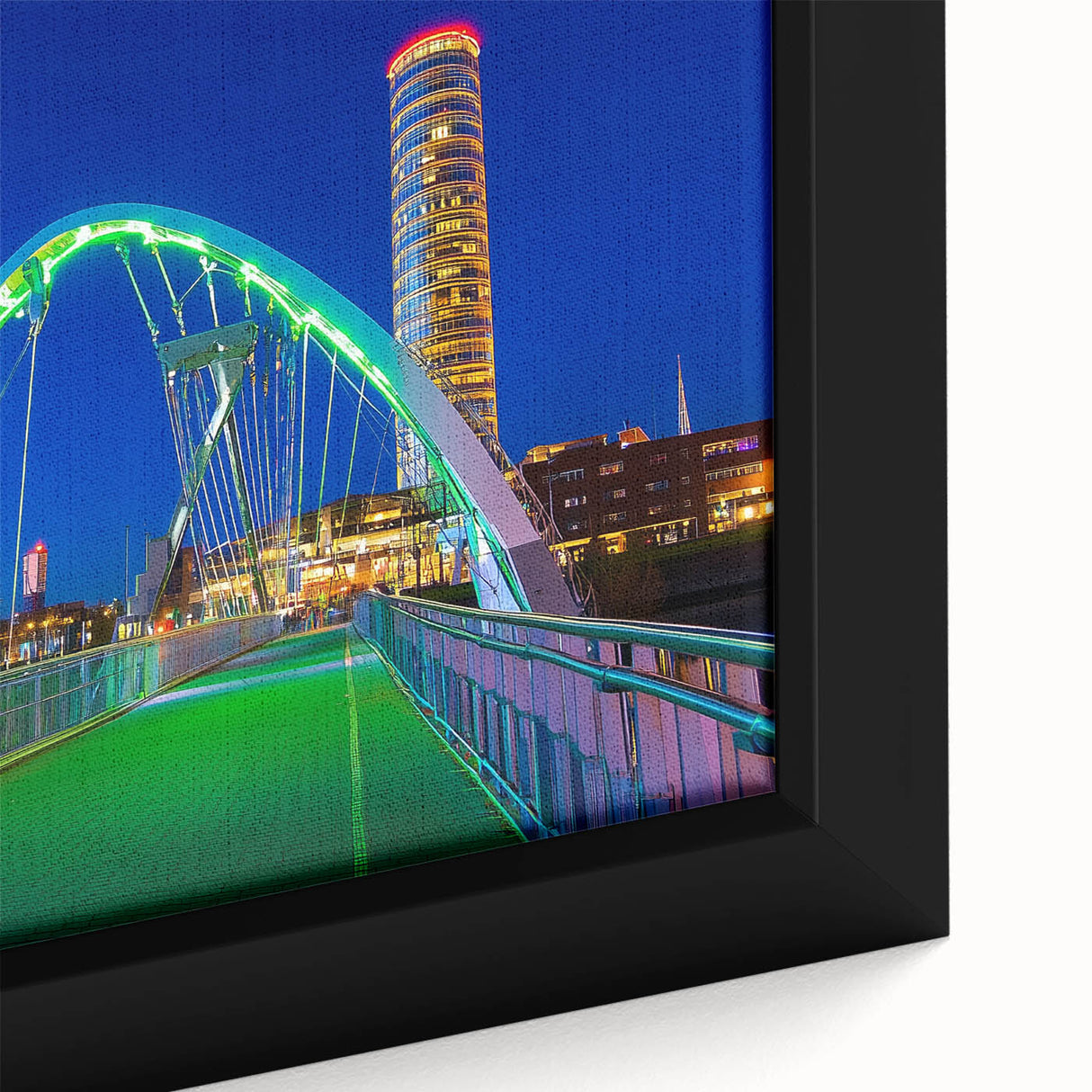 Close-up of a framed landscape canvas featuring a serene bridge scene, showcasing vibrant colors and intricate details in the artwork, perfect for home decor.