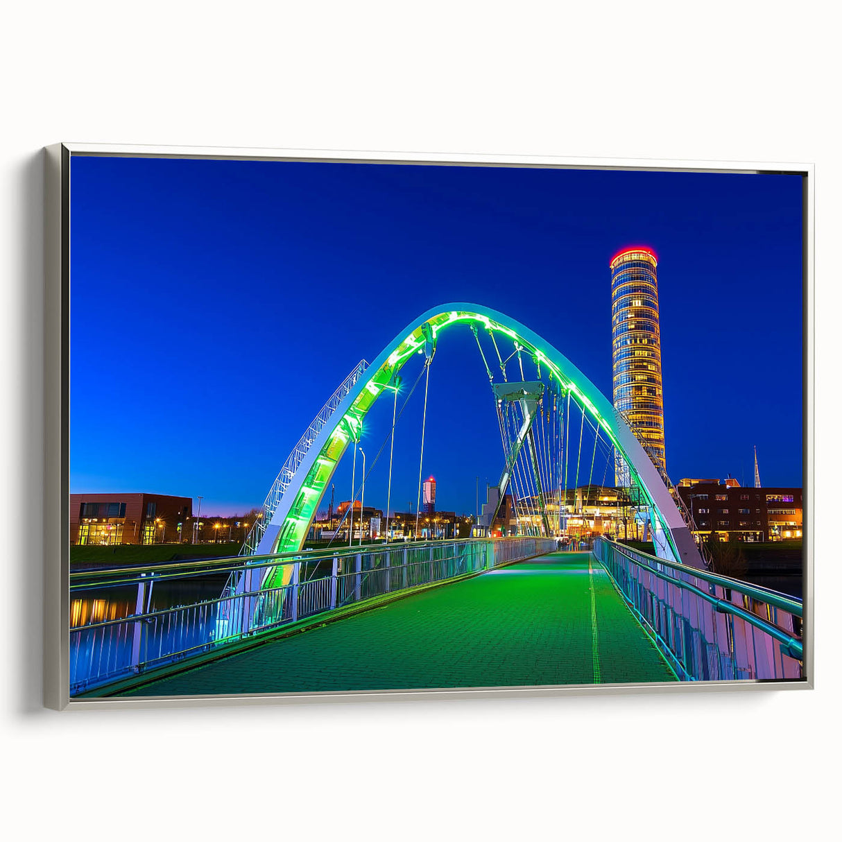 Framed canvas artwork depicting a serene landscape bridge scene, featuring silver accents and a detailed side view. Ideal for enhancing home decor with a tranquil nature theme.