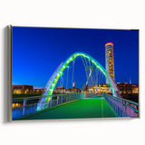 Framed canvas artwork depicting a serene landscape bridge scene, featuring silver accents and a detailed side view. Ideal for enhancing home decor with a tranquil nature theme.