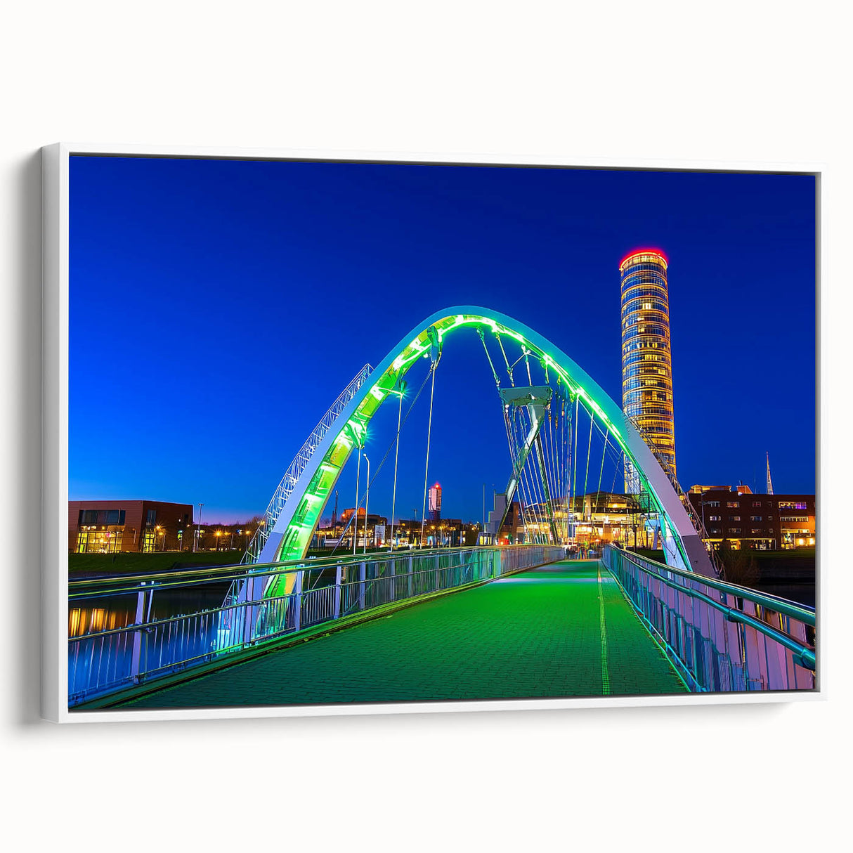 Framed canvas artwork depicting a serene landscape bridge in soft hues, showcasing intricate details and vibrant colors, perfect for home decor.