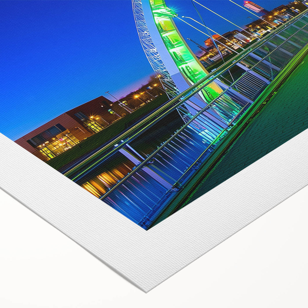 Rolled canvas artwork showcasing a vibrant landscape bridge design, featuring rich colors and intricate details, packaged securely in a durable cardboard tube.