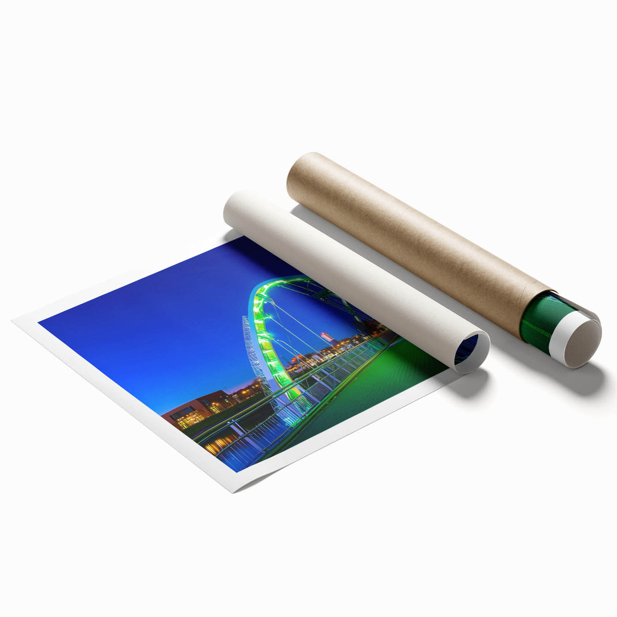 Rolled print showcasing a beautifully detailed landscape bridge design, featuring vibrant colors and intricate details, packaged securely in a protective tube for safe shipping.