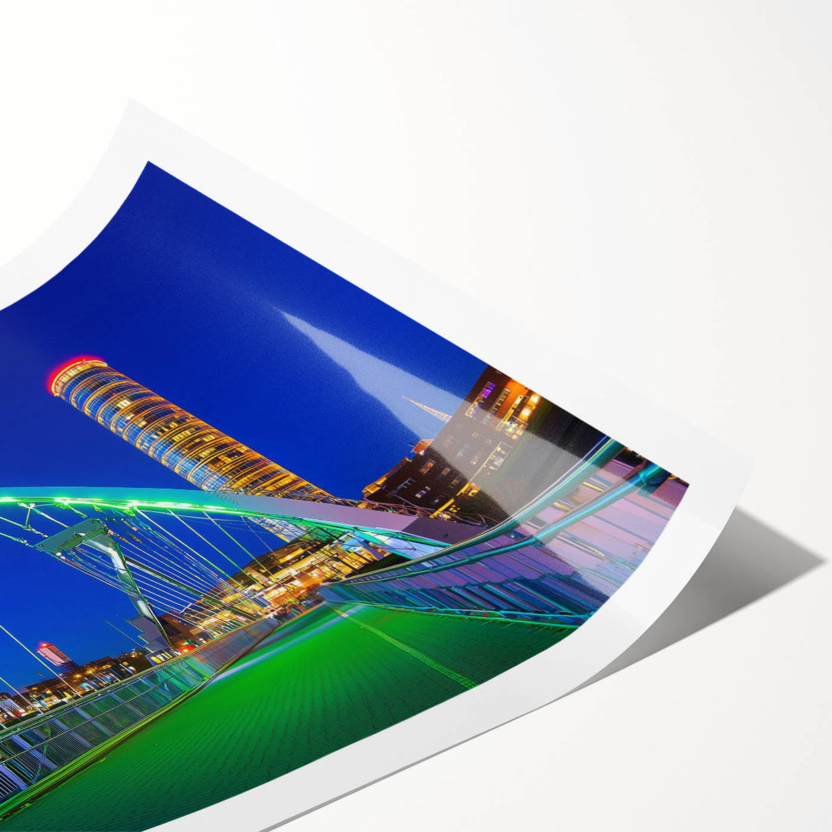Rolled print of a landscape bridge artwork, showcasing vibrant colors and intricate details, packaged securely in a protective cardboard tube for easy display.