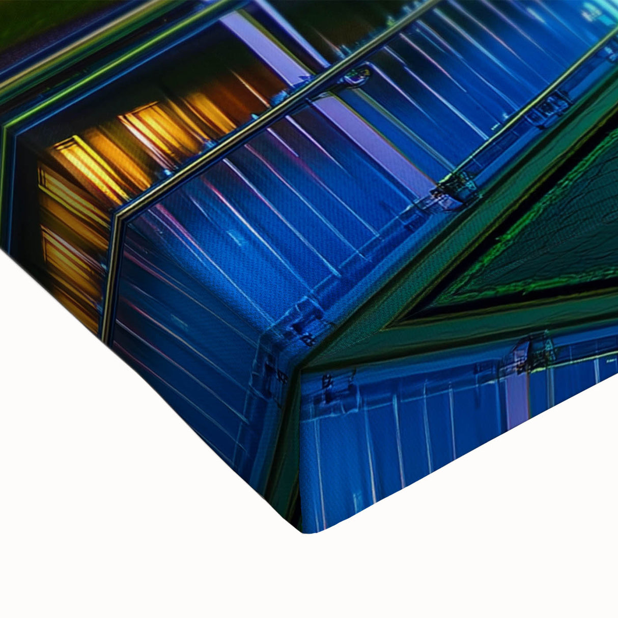 Close-up of a stretched canvas artwork depicting a vibrant landscape bridge scene, showcasing intricate details and rich colors, ideal for home decor enthusiasts.