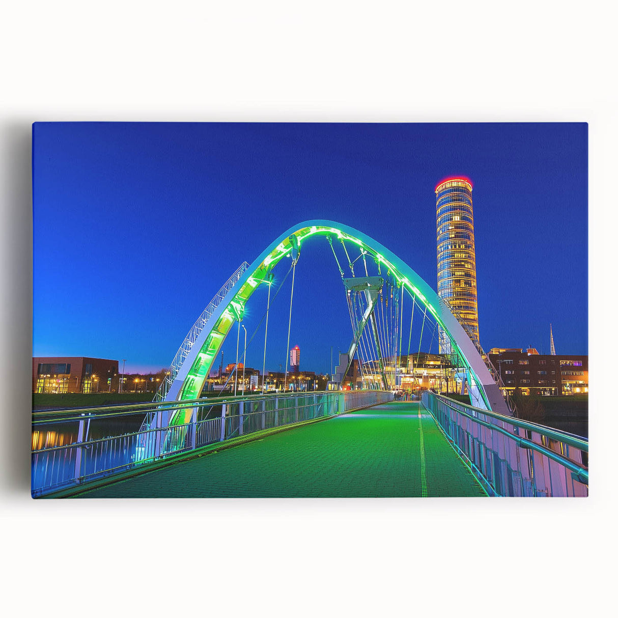 Landscape canvas artwork depicting a serene bridge scene with lush greenery and a clear blue sky, ideal for enhancing home decor aesthetics and tranquility.