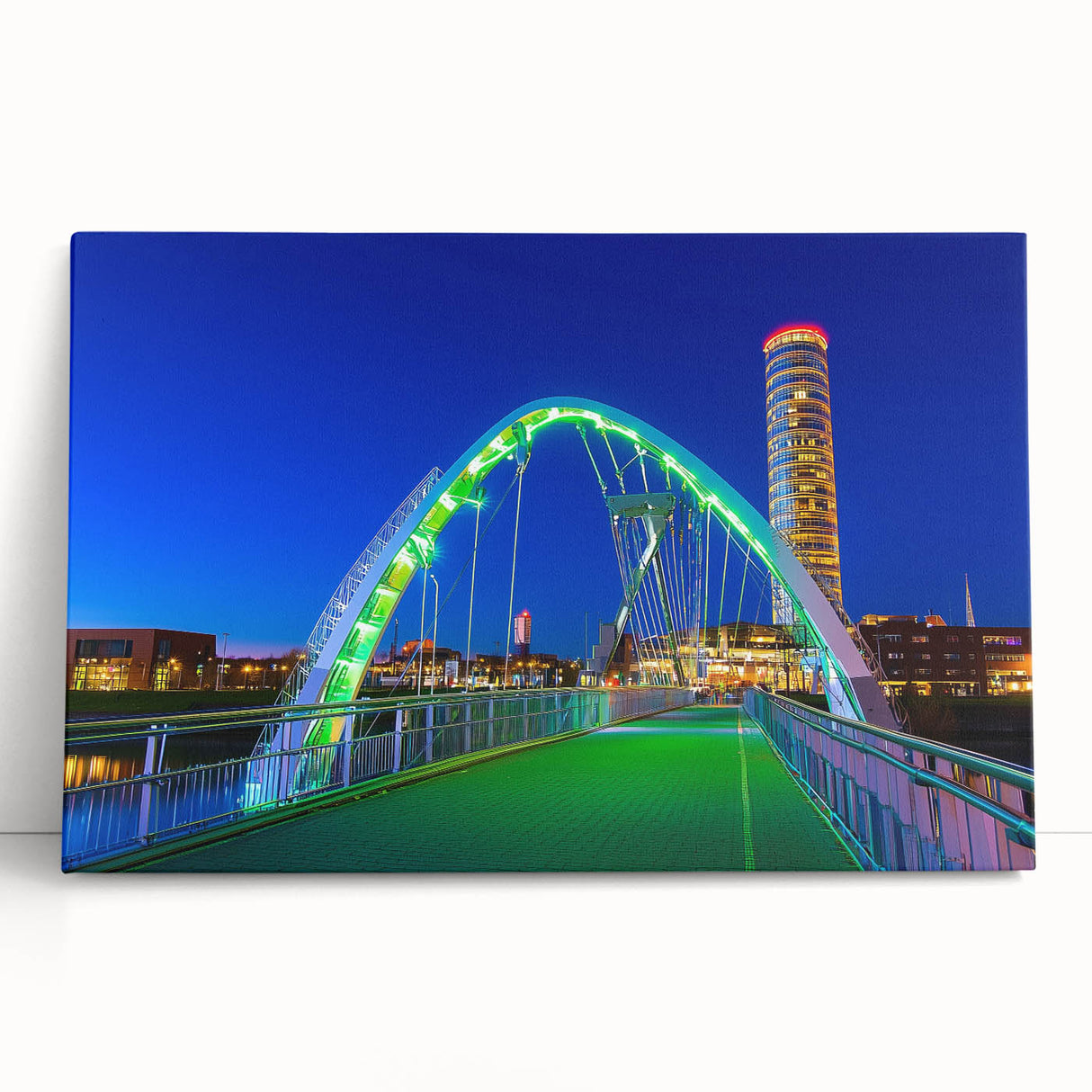 Stretched canvas artwork depicting a serene landscape featuring a bridge over a tranquil body of water, ideal for home decor and nature enthusiasts. The vibrant colors and intricate details enhance any living space's ambiance, making it a perfect gift for art lovers.