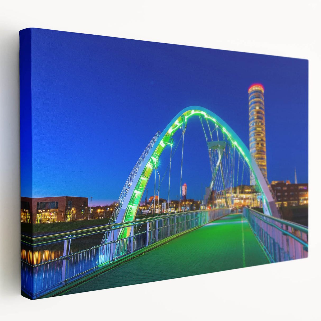 Landscape canvas artwork showcasing a serene bridge scene, featuring lush greenery and a tranquil waterway. Ideal for enhancing home decor with nature-inspired elements.