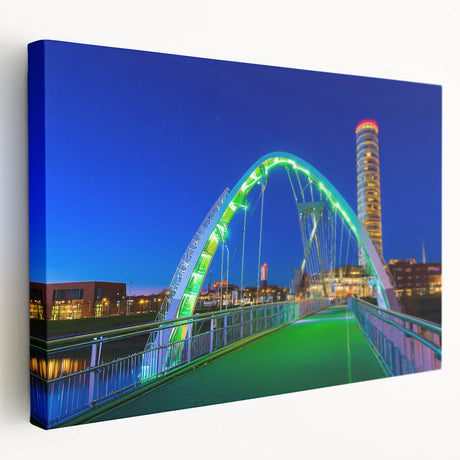 Landscape canvas artwork showcasing a serene bridge scene, featuring lush greenery and a tranquil waterway. Ideal for enhancing home decor with nature-inspired elements.