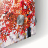Large abstract wall art in warm autumn hues on acrylic glass, suitable for dining room ambiance.