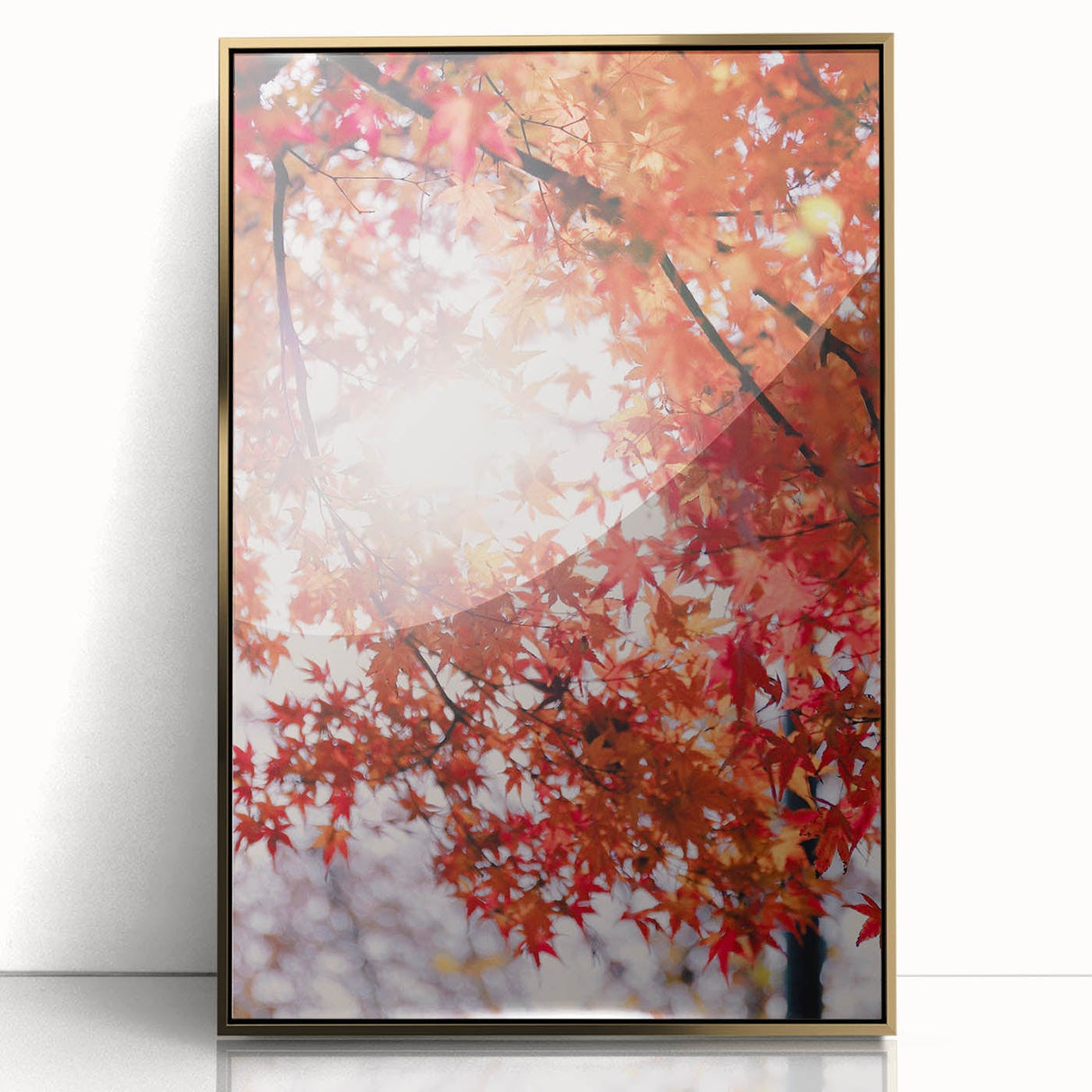 Large acrylic print of a mid-century modernist fall scene in warm gold and brown tones, ideal for modern art wall decor.