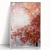 Art deco poster depicting a stylized fall scene with warm orange and brown tones on a white acrylic framed print.