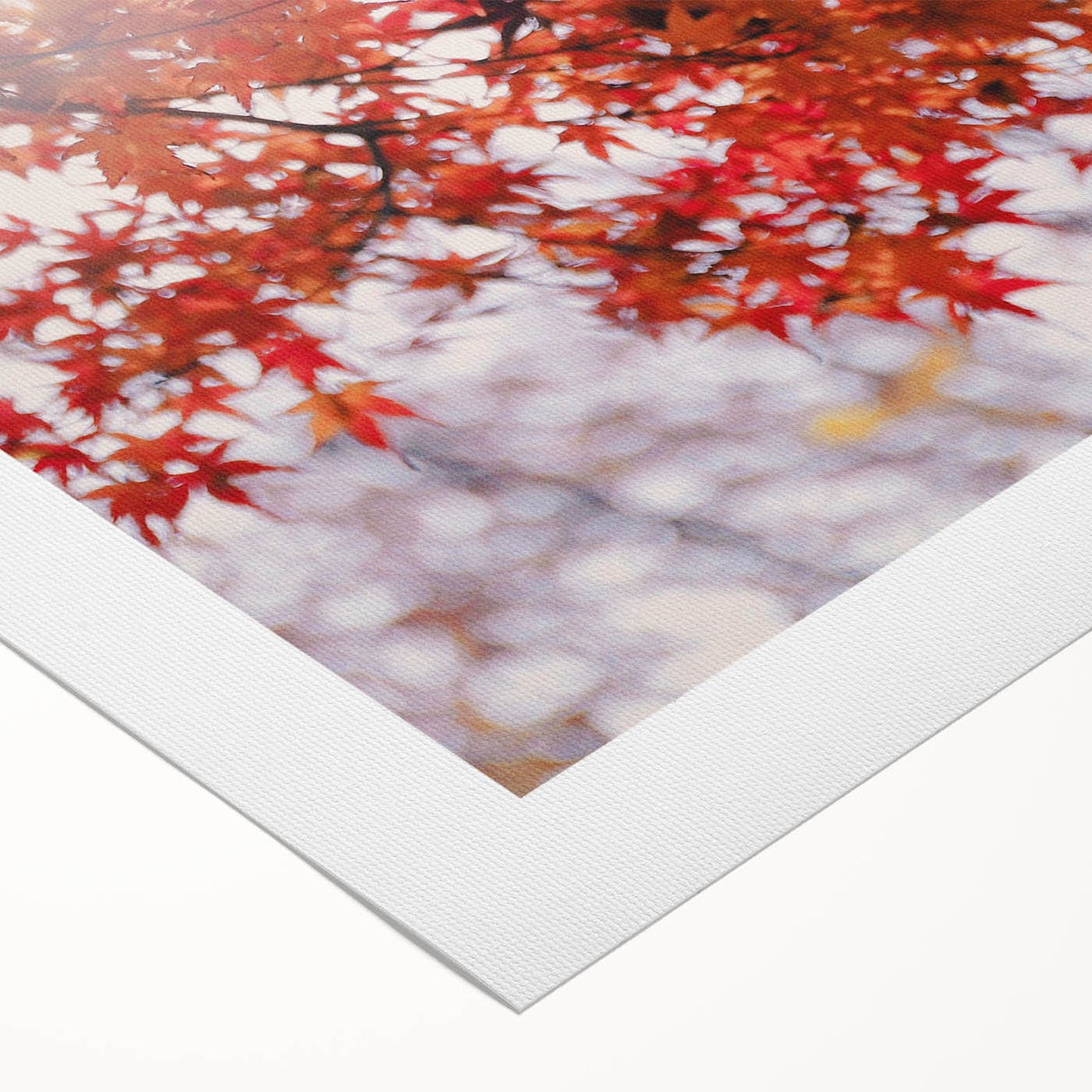 Art deco poster featuring an autumnal scene with warm red and orange leaves on rolled canvas, ideal for dining room decor.