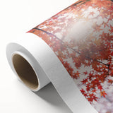 Art Deco poster featuring an autumnal forest scene on rolled canvas, in warm orange and brown tones.