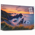 Acrylic glass artwork showcasing vibrant cliff landscapes in a side view, elegantly displayed with pins for a modern aesthetic, ideal for nature lovers.