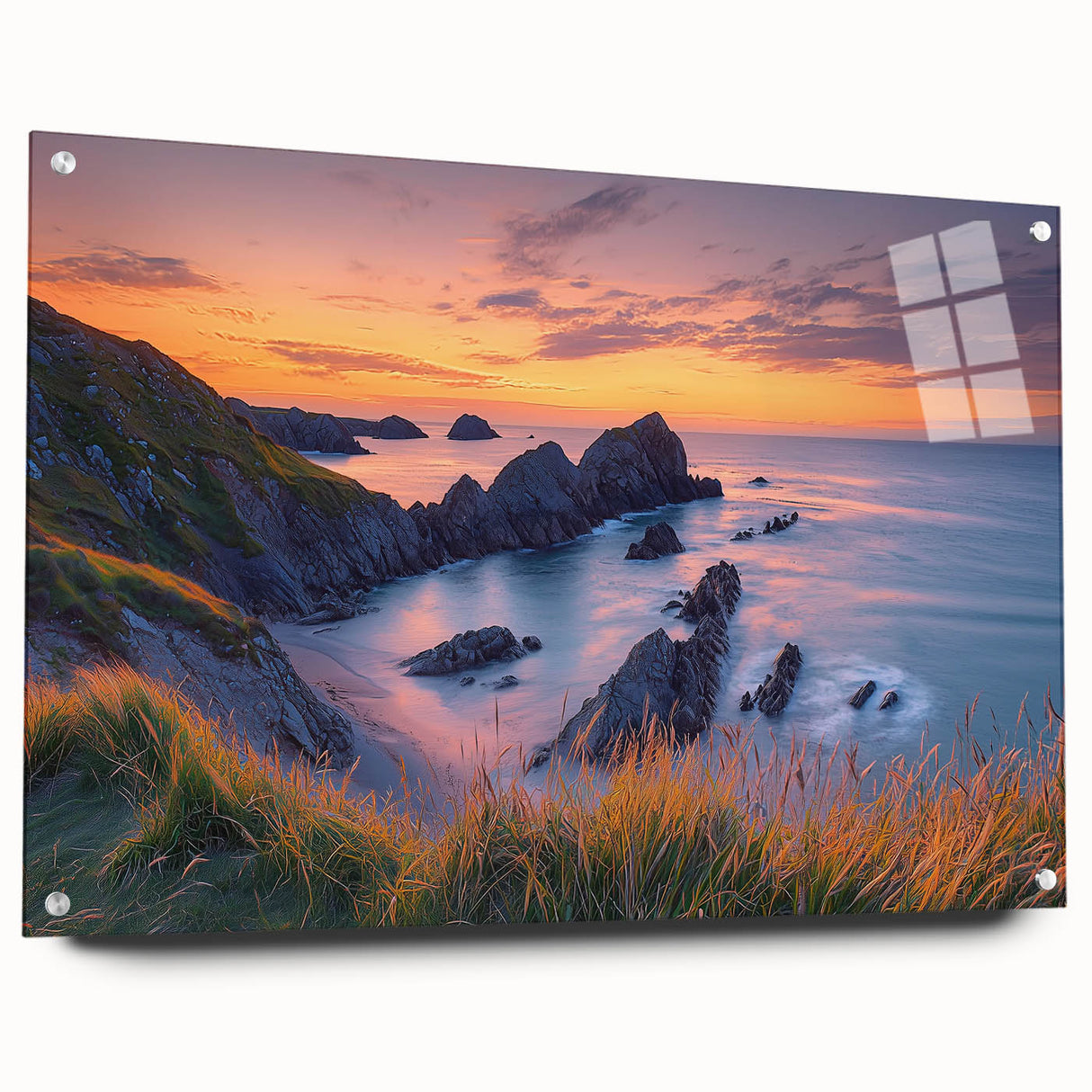 Acrylic glass artwork showcasing vibrant cliff landscapes in a side view, elegantly displayed with pins for a modern aesthetic, ideal for nature lovers.